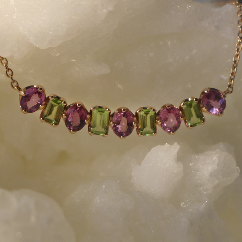 Mixed Pink Sapphire &amp; Peridot Necklace